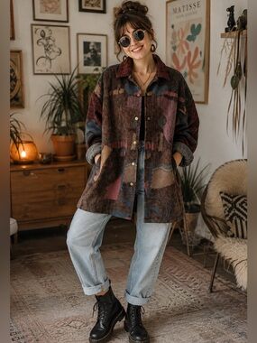 Villa Factory Abstract Tapestry Shacket Jacket  Boho oversized vintage sz sm